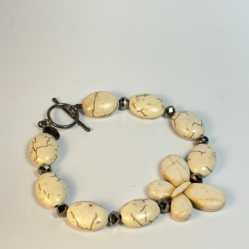 Donna Dressler Butterfly Bead Bracelet Cream Brown Stone 925 Toggle Clasp 8in